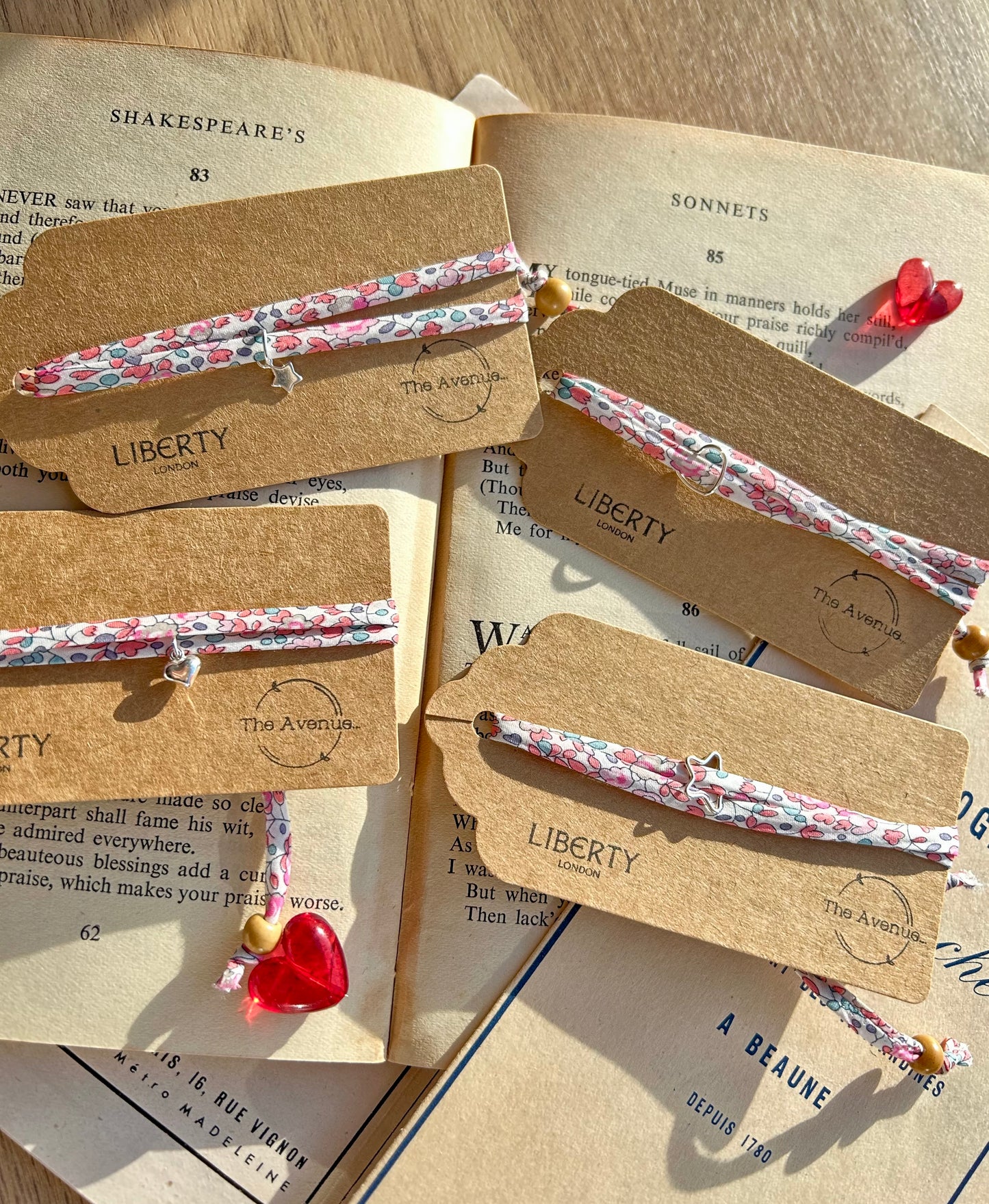 Fabric bracelet - Liberty of London Eloise Fabric - Solid heart charm valentines