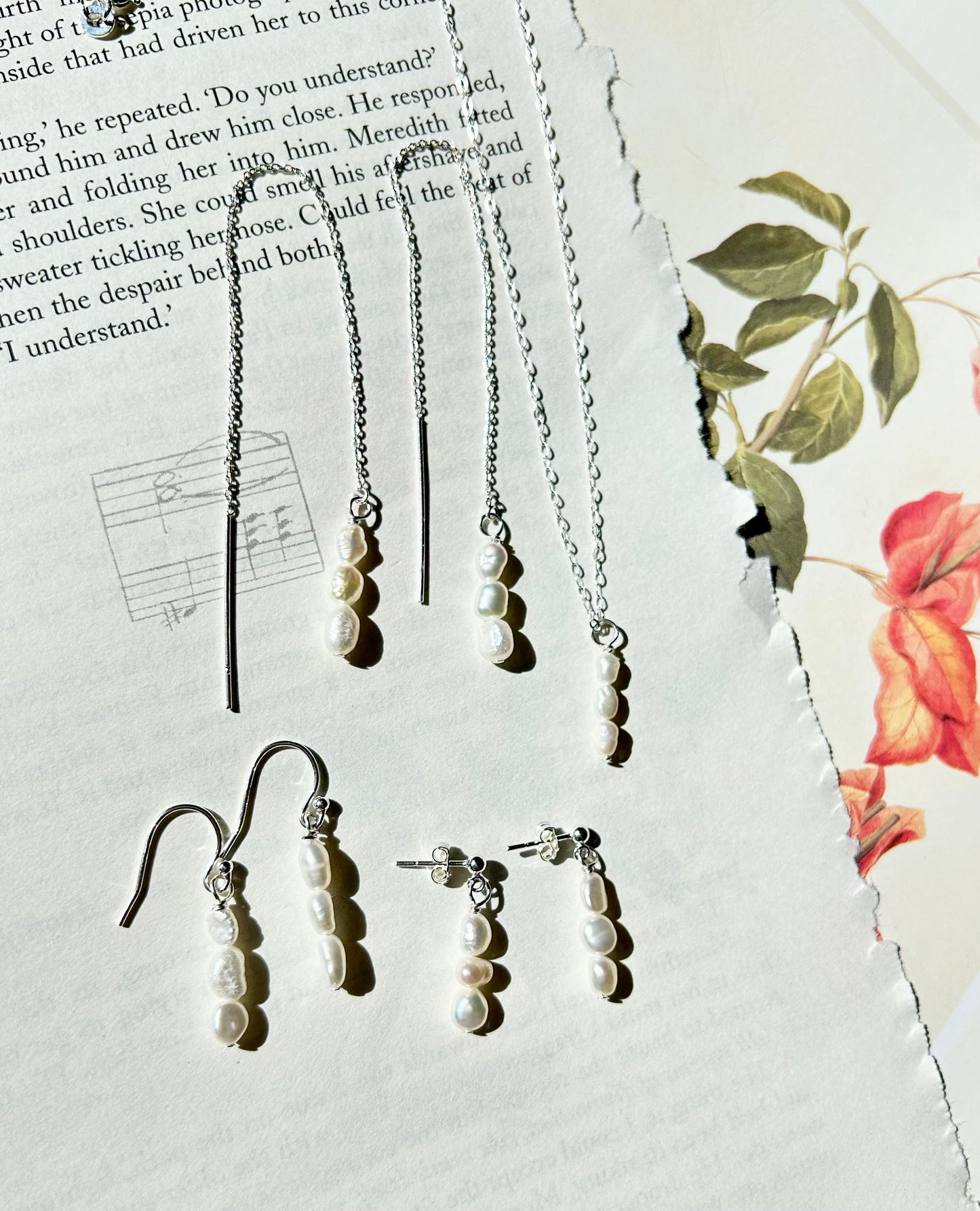 Freshwater triple pearl threader earrings