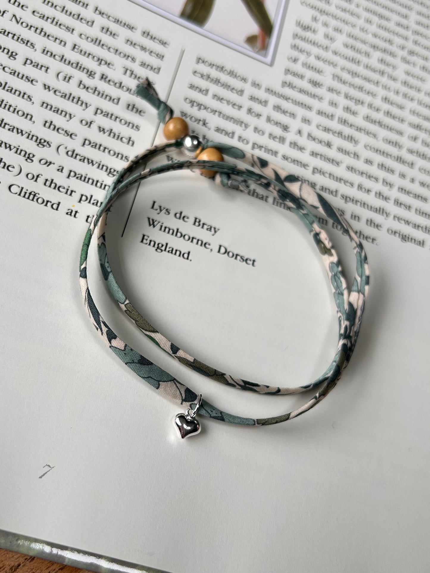 Fabric bracelet…Liberty of London Green Poppy and Daisy (solid heart)