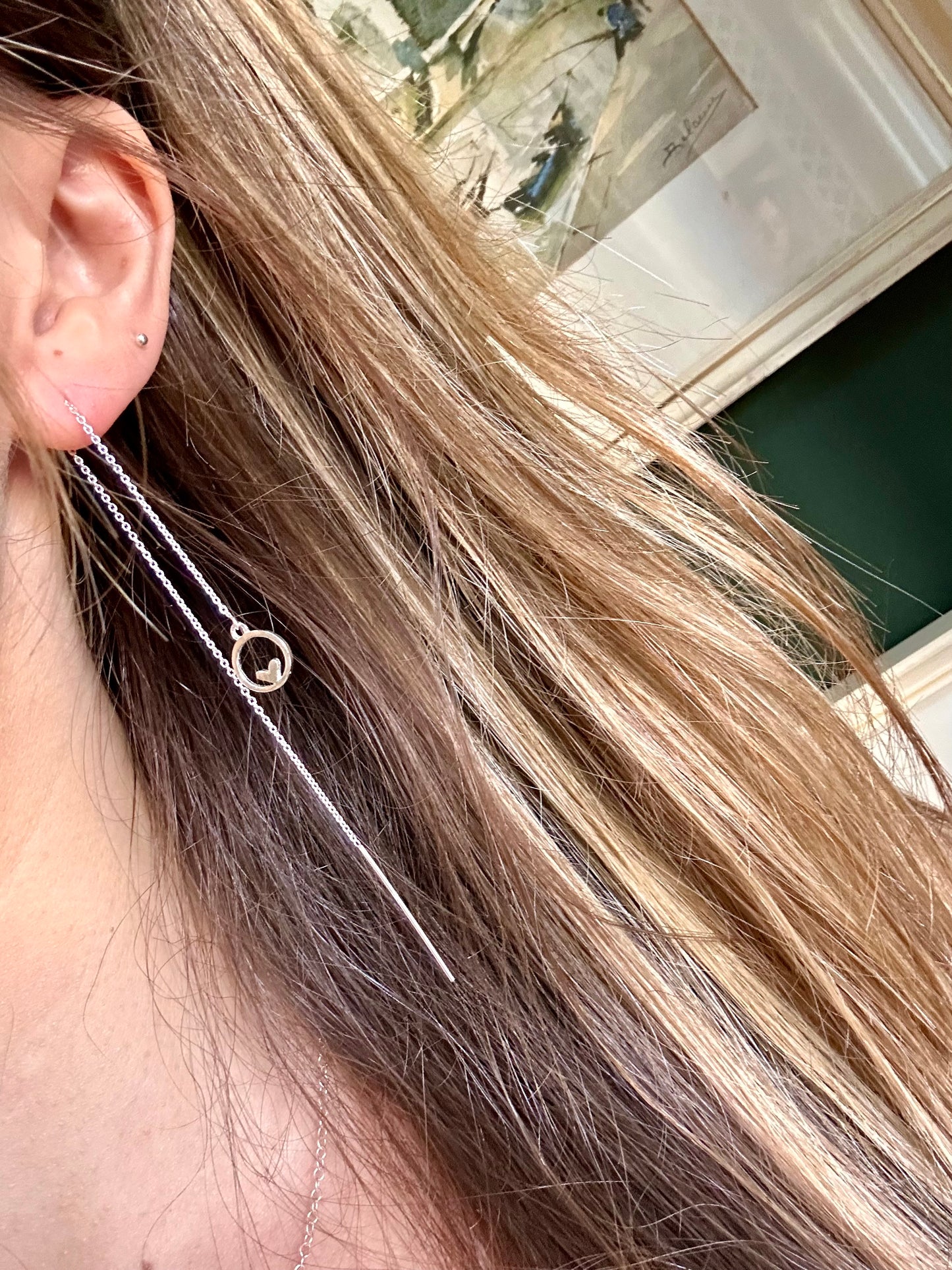 Heart in circle threader earrings