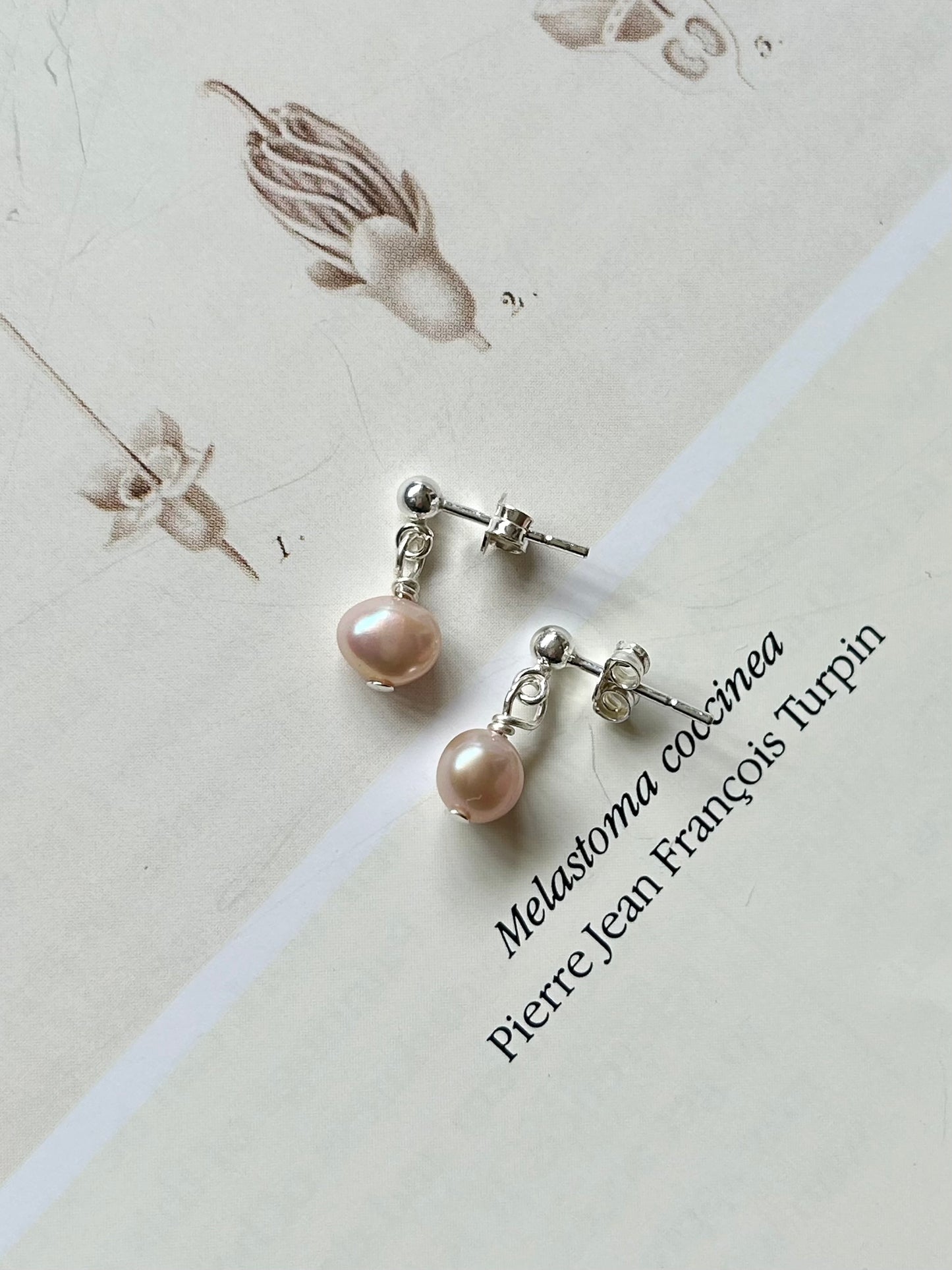 Freshwater pearl dangle stud earrings - blush pink pearl