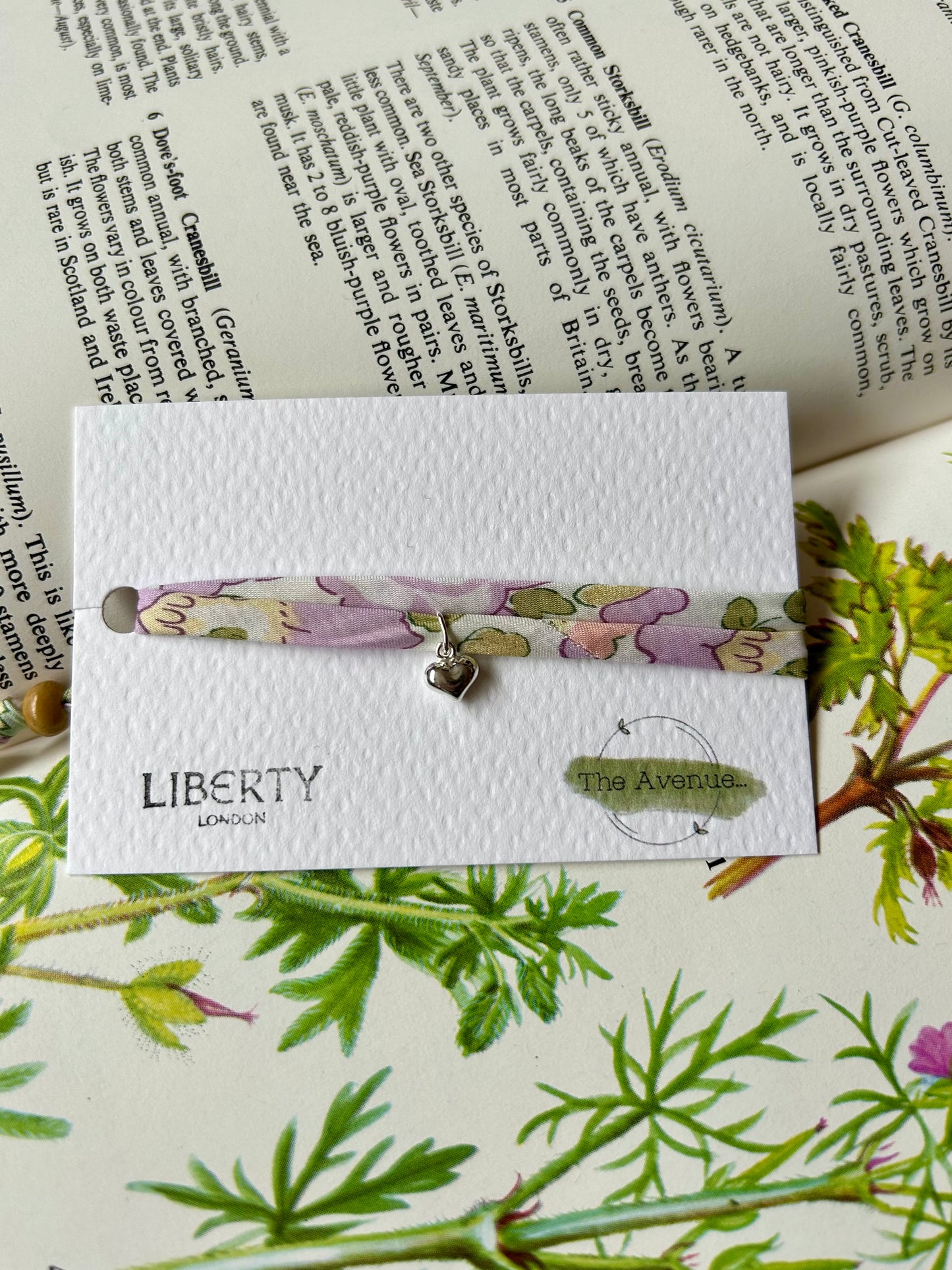 Liberty of London Betsy Lilac Light Iridescent Fabric Bracelet – Sterling Silver solid heart charm