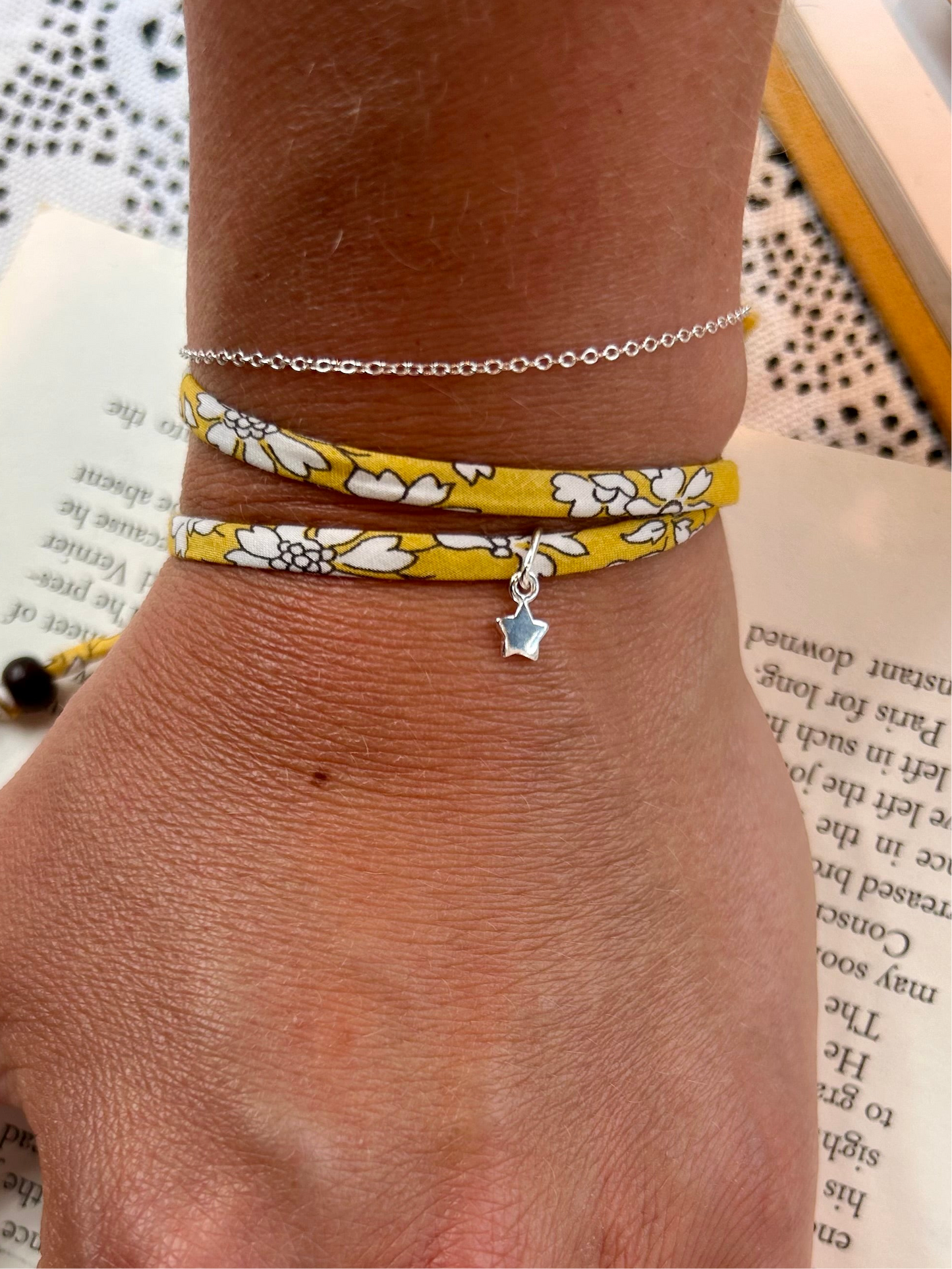 Fabric bracelet…Liberty of London yellow floral Capel Safran open star