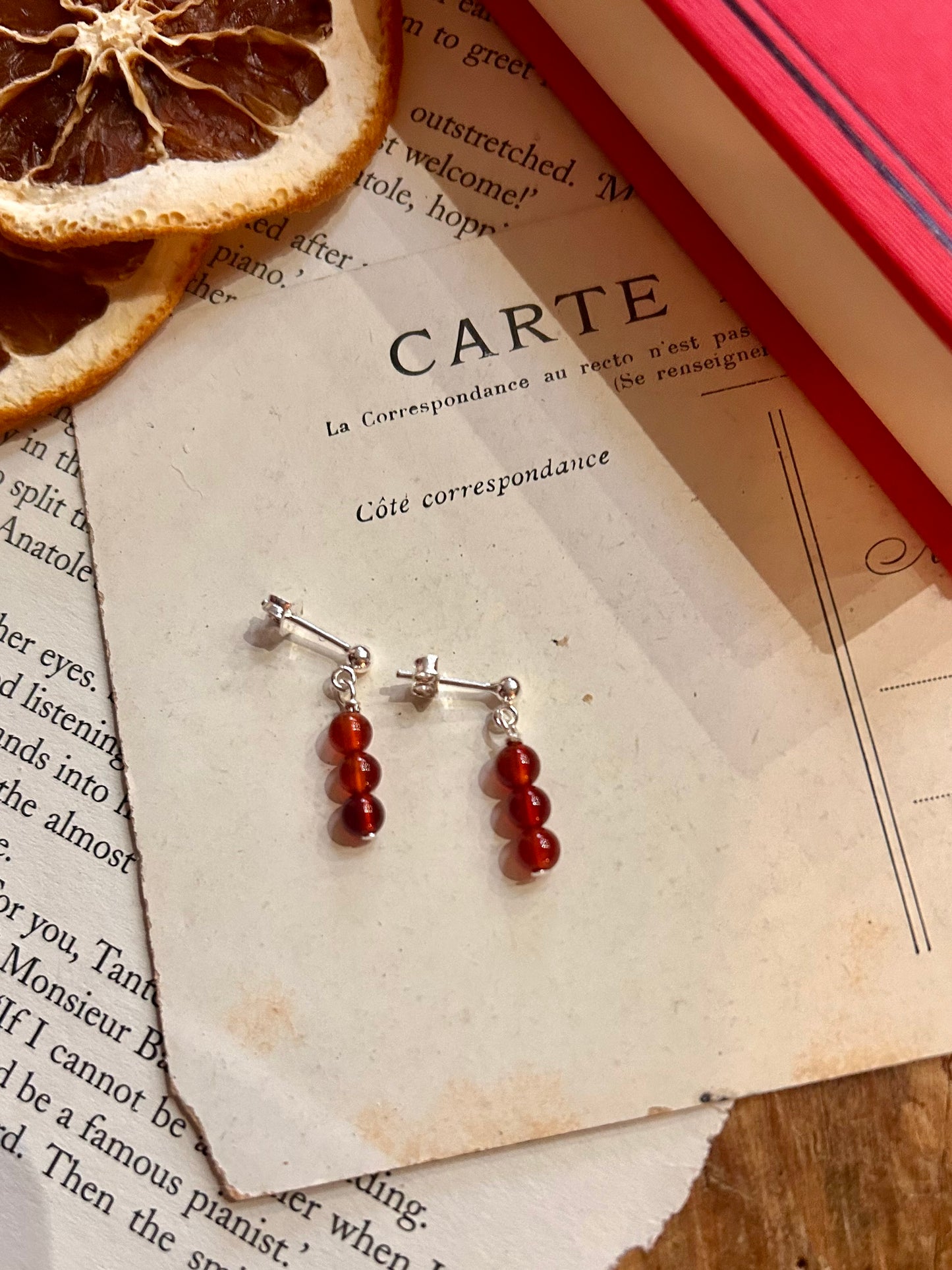 Red beaded sterling silver drop stud earrings