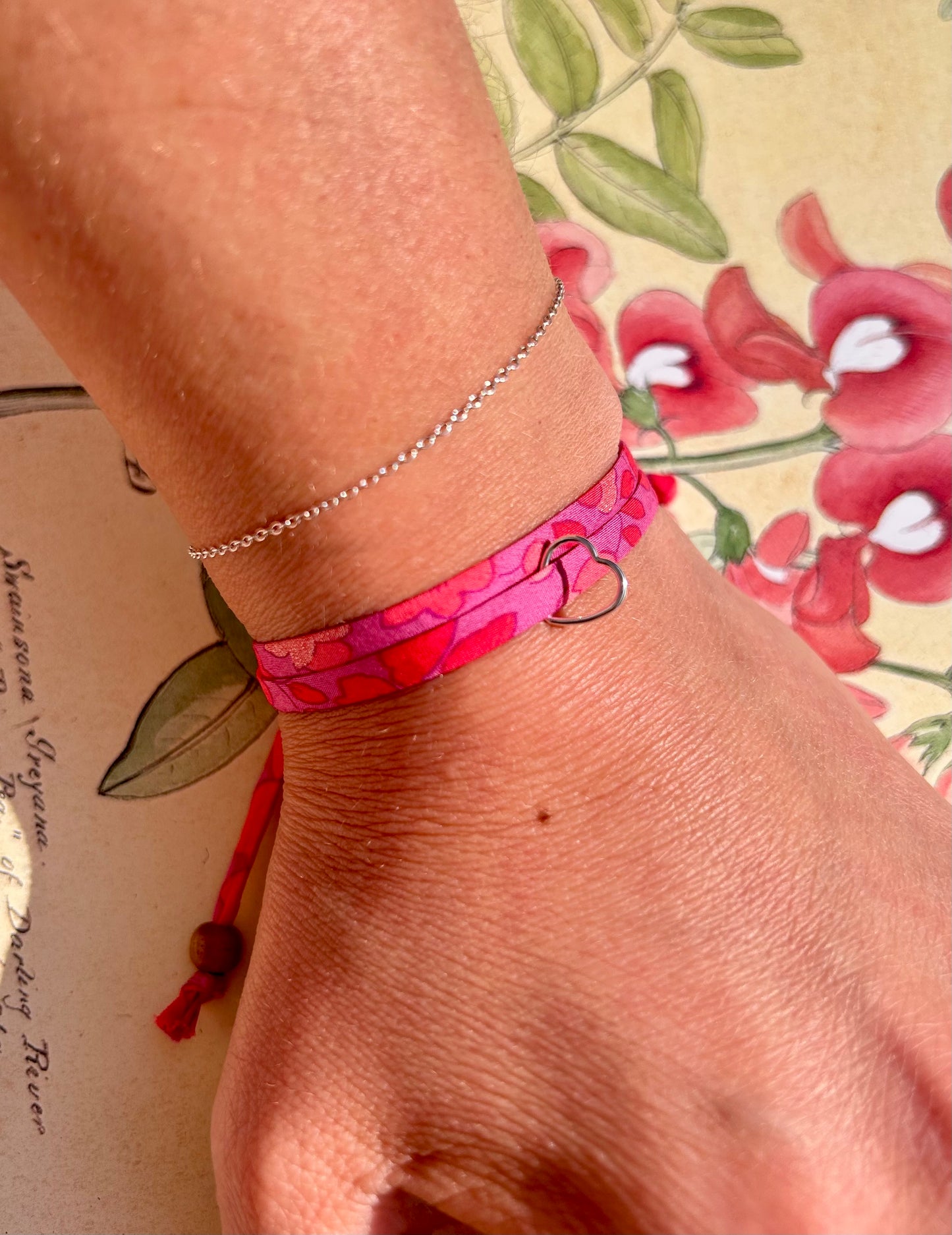 Fabric bracelet…Liberty of London Betsy candy pink (open heart)