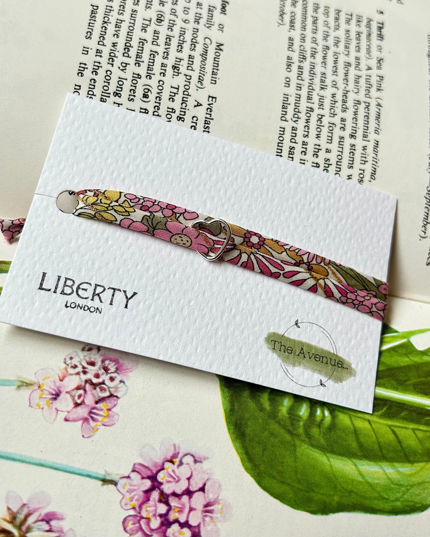 Liberty of London Margaret Annie Raspberry Gold Fabric Bracelet – Sterling Silver open heart Charm