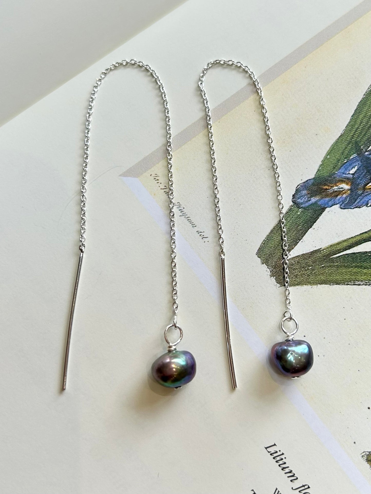 Freshwater pearl threader earrings - peacock blue pearl