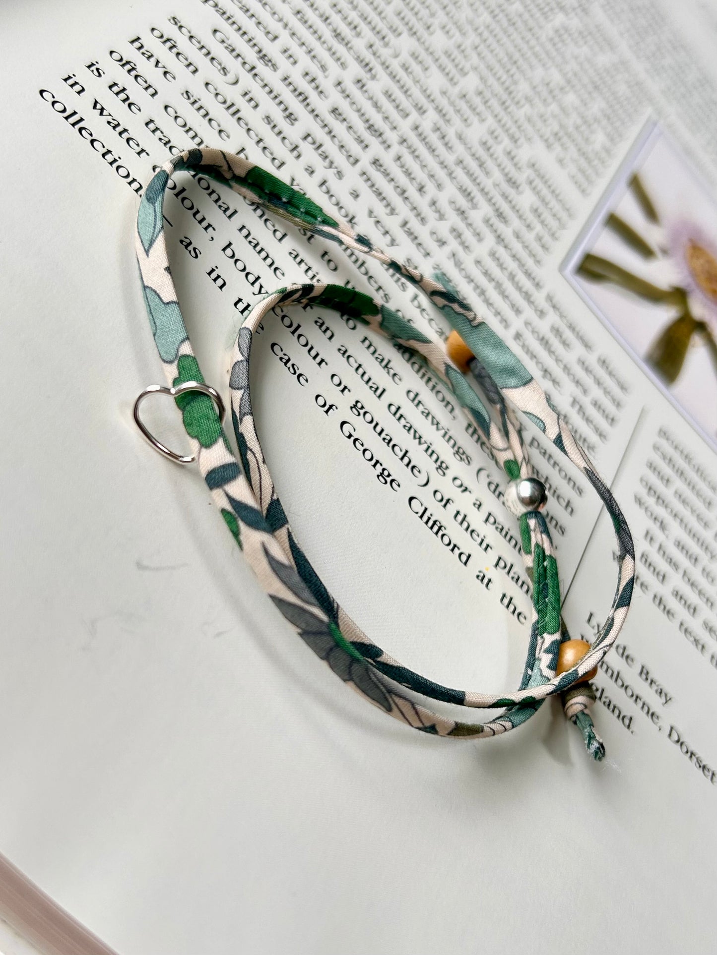Fabric bracelet…Liberty of London Green Poppy and Daisy (open heart)