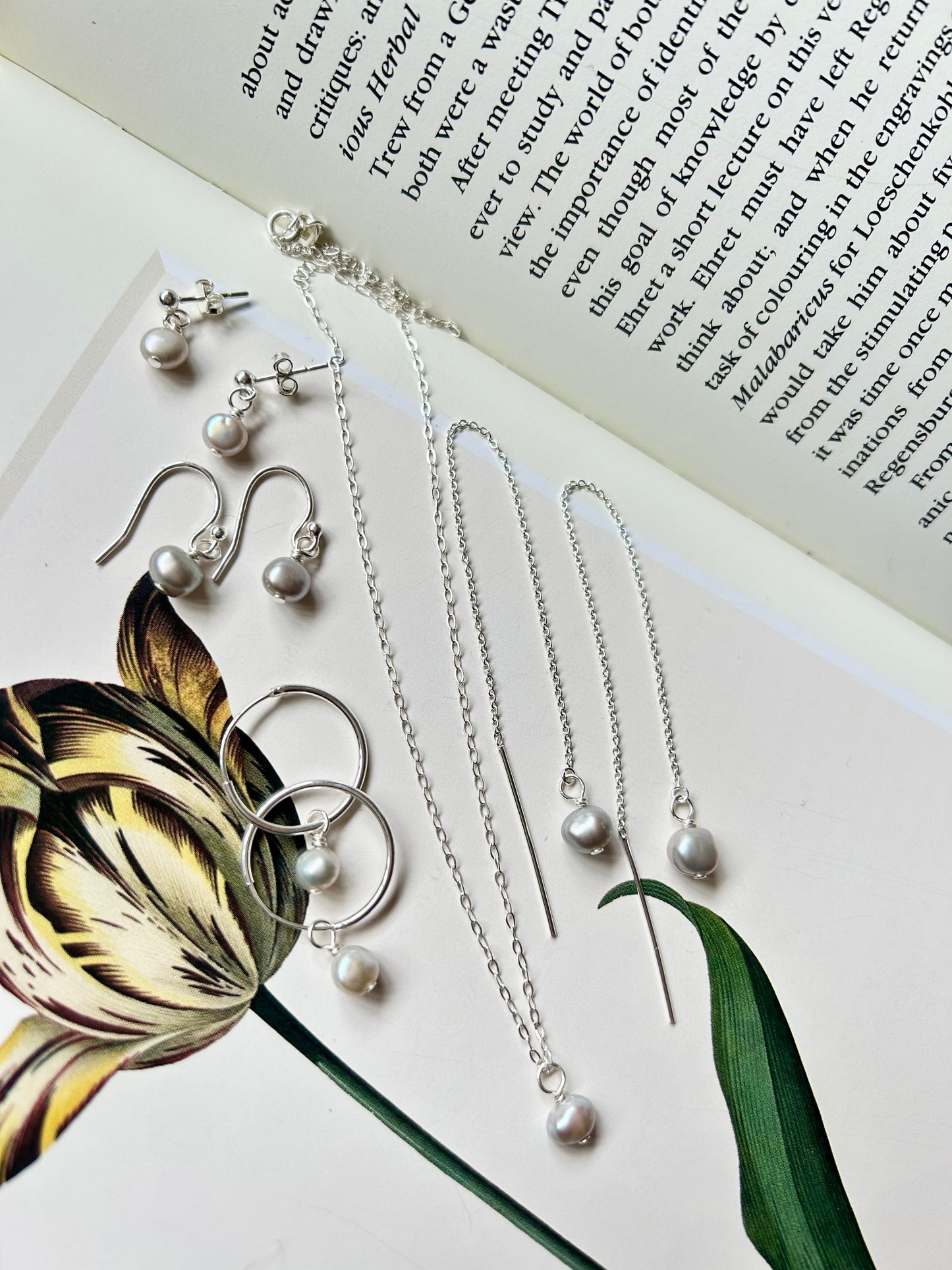 Freshwater pearl threader earrings - silvery grey pearl