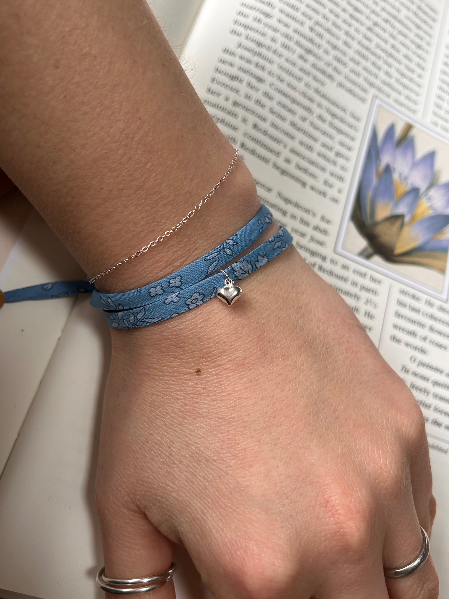 Fabric bracelet…Liberty of London blue floral (solid heart) capel blue