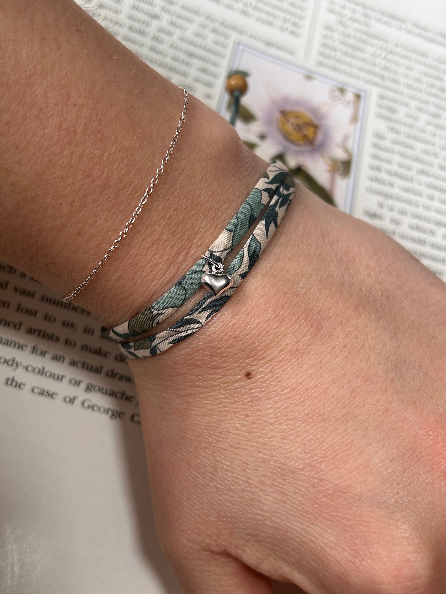 Fabric bracelet…Liberty of London Green Poppy and Daisy (solid heart)