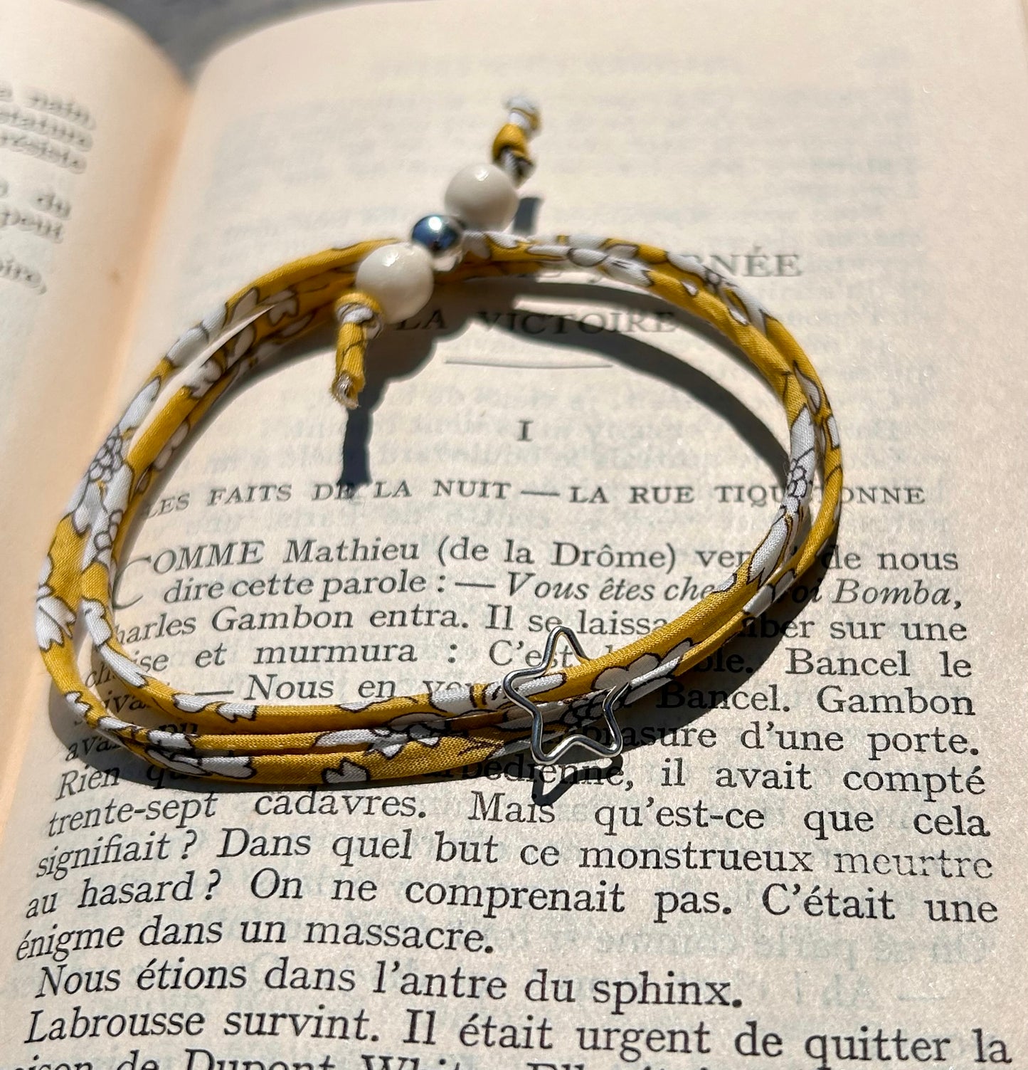Fabric bracelet…Liberty of London yellow floral Capel Safran open star