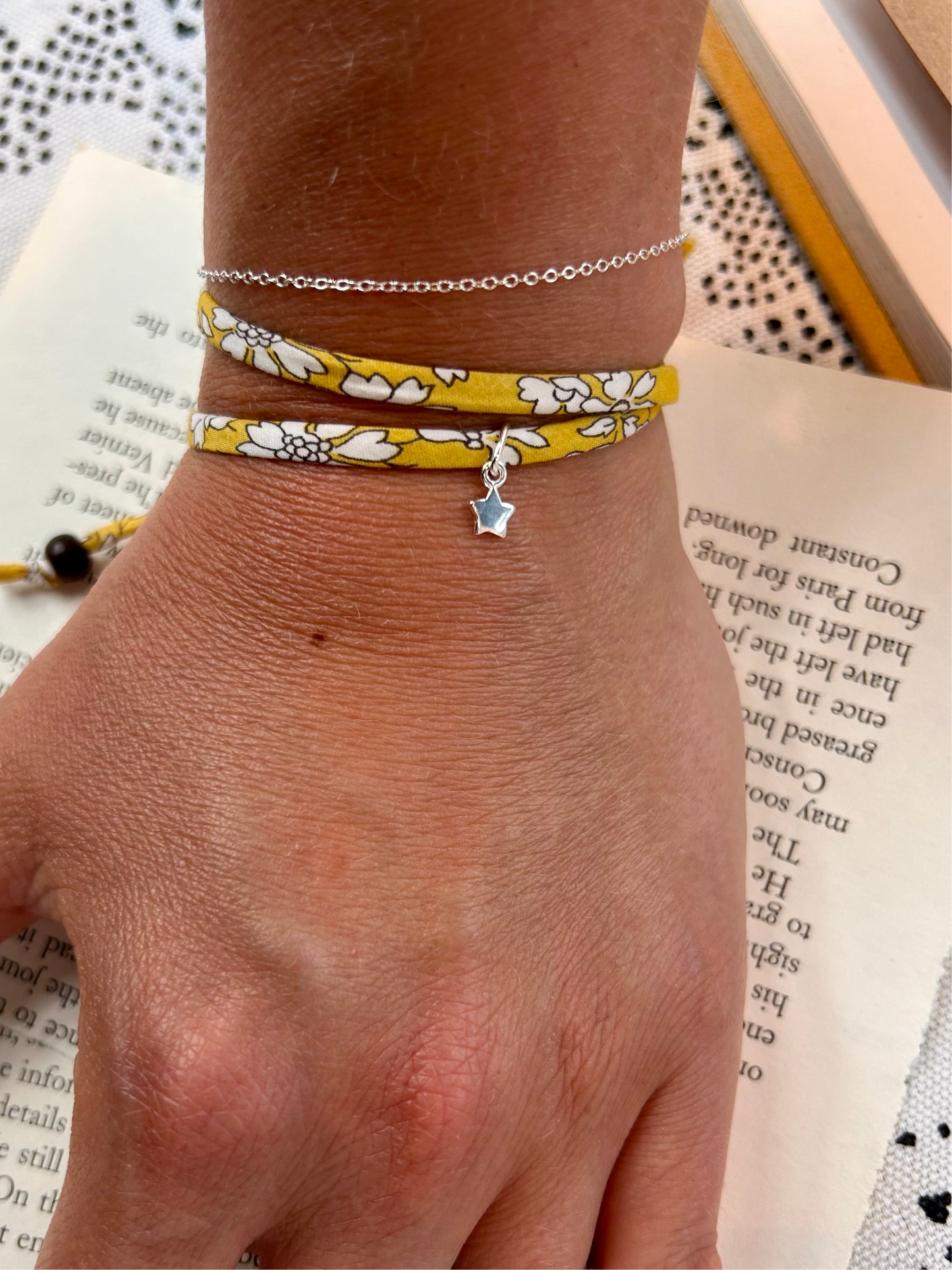 Fabric bracelet…Liberty of London yellow floral Capel Safran open heart