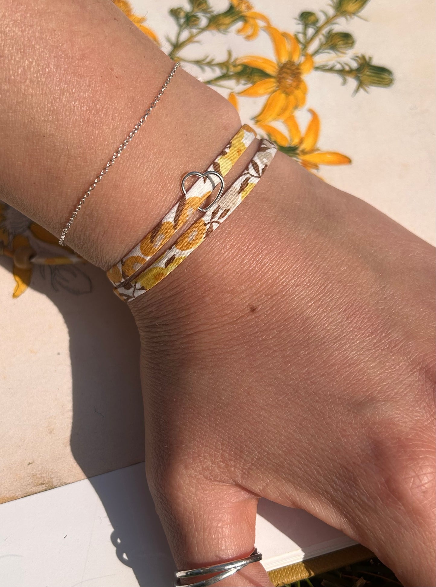 Fabric bracelet…Liberty of London Sunflower yellow (open heart)