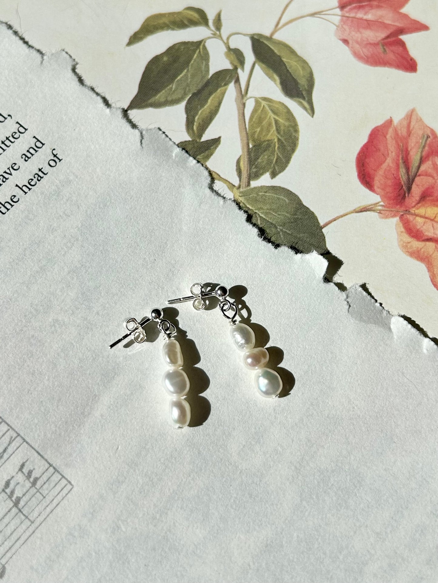 Freshwater pearl triple drop stud earrings