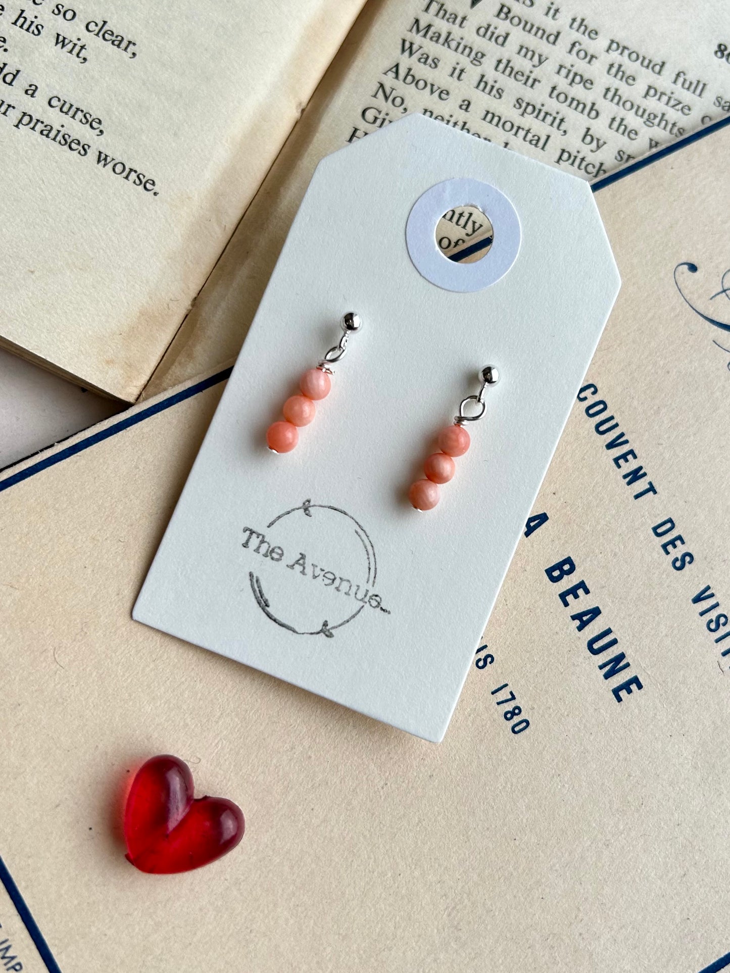 Pink Bamboo Coral Stud Earrings - triple beads