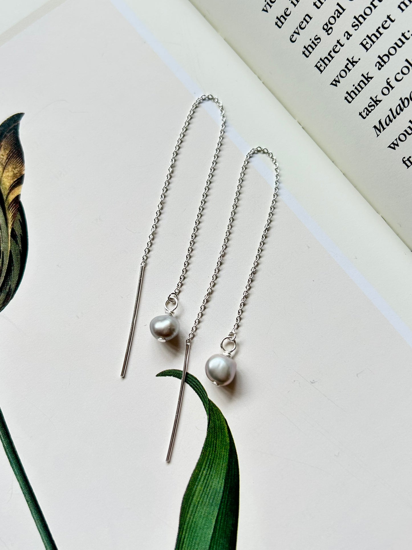 Freshwater pearl threader earrings - silvery grey pearl