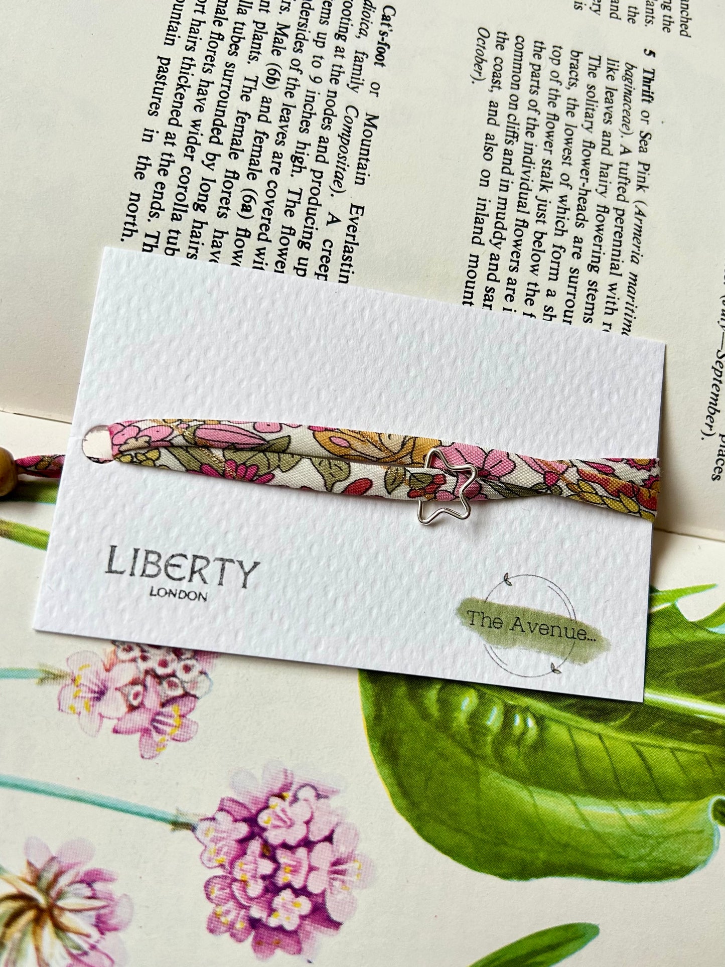 Liberty of London Margaret Annie Raspberry Gold Fabric Bracelet – Sterling Silver open star charm