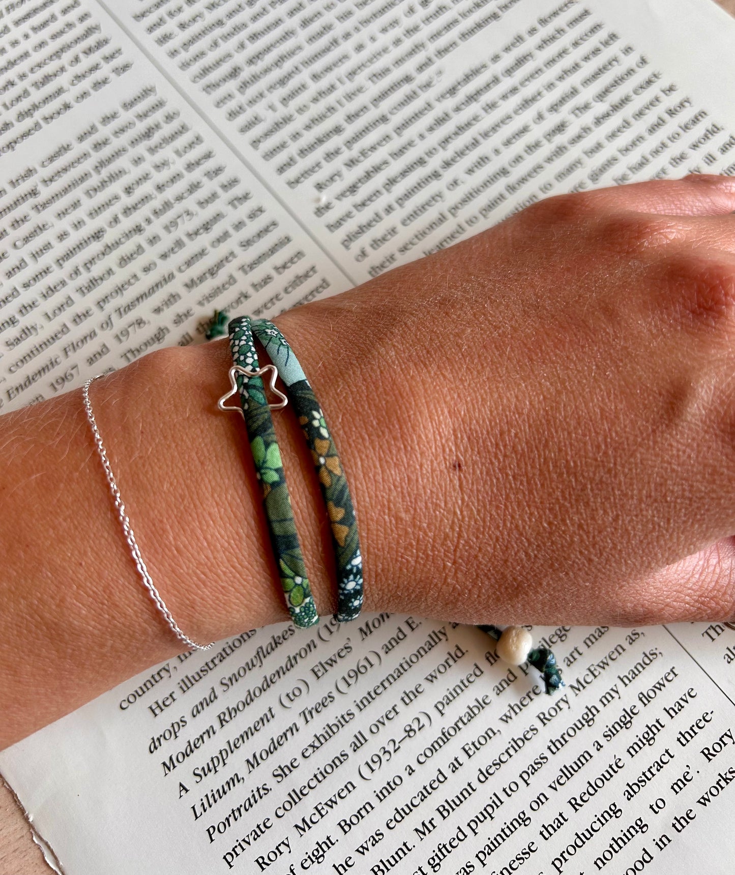 Fabric bracelet…Liberty of London (open star) Ciara green floral.