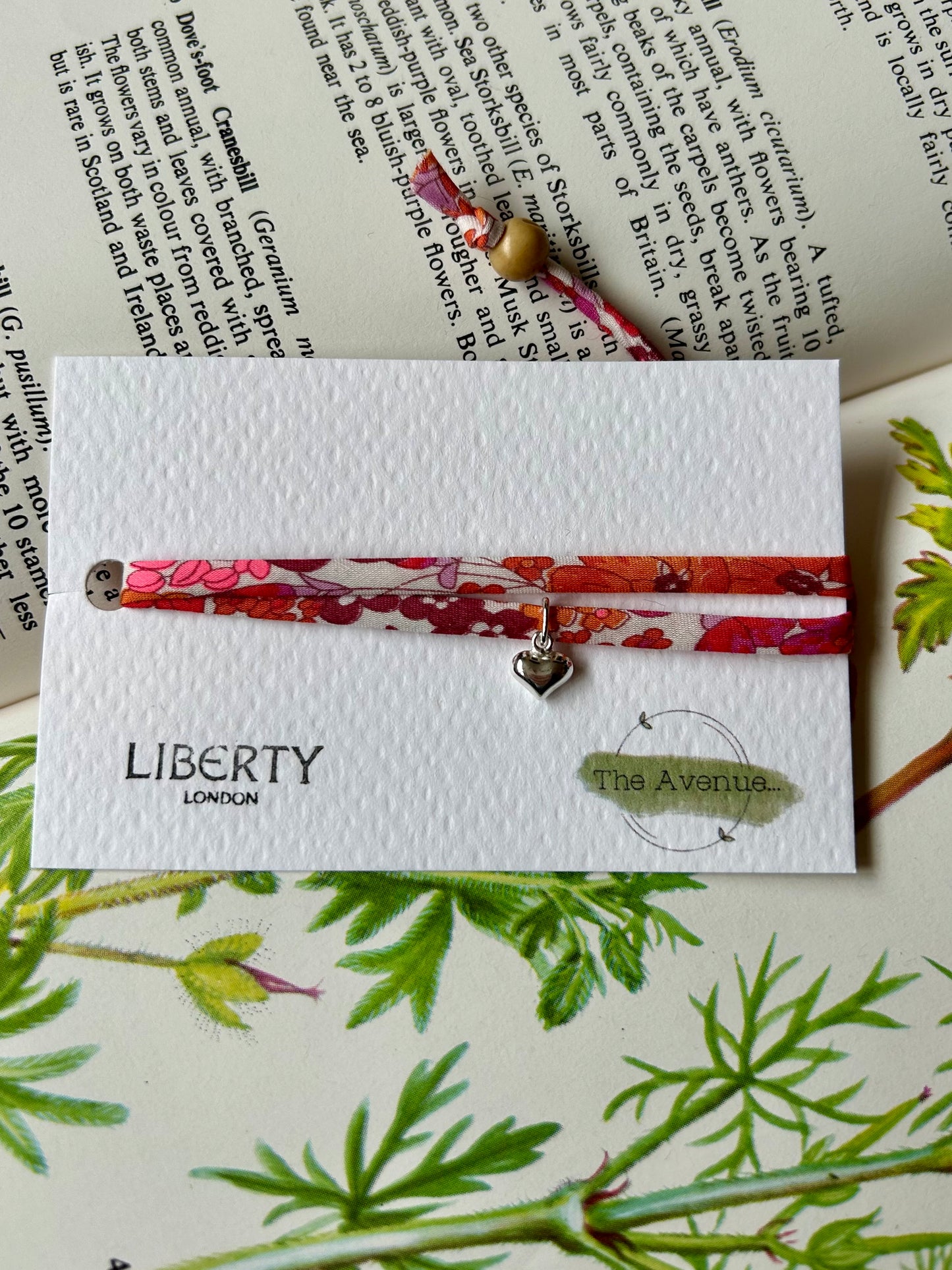 Liberty of London Margaret Annie Hibiscus Fabric Bracelet – Sterling Silver Solid Heart Charm