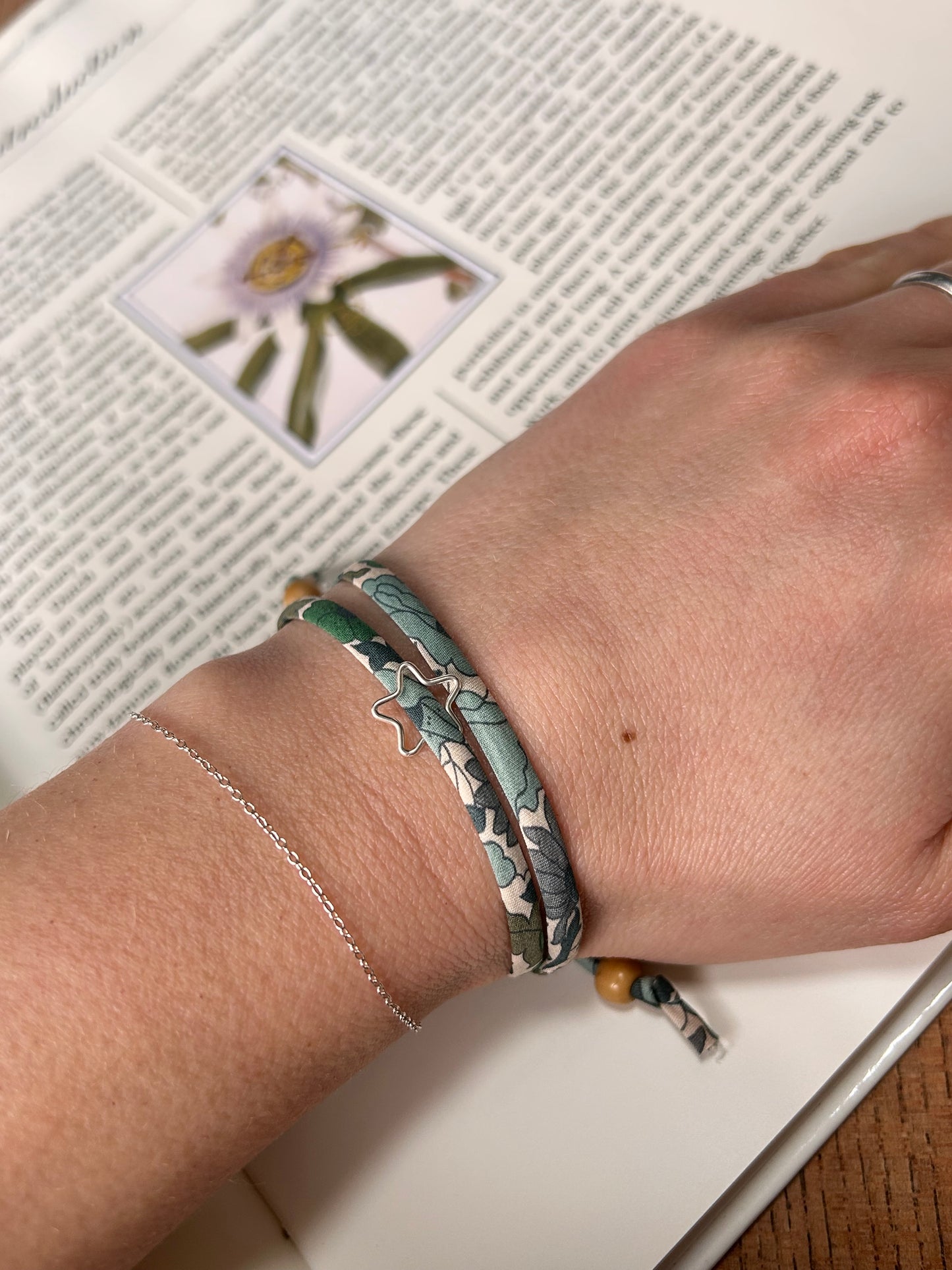 Fabric bracelet…Liberty of London Green Poppy and Daisy (open star)