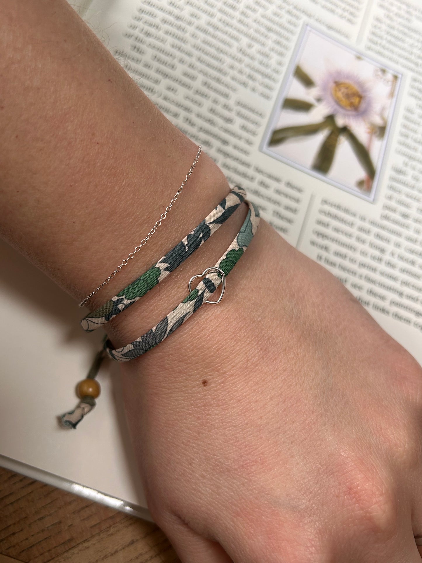 Fabric bracelet…Liberty of London Green Poppy and Daisy (open heart)