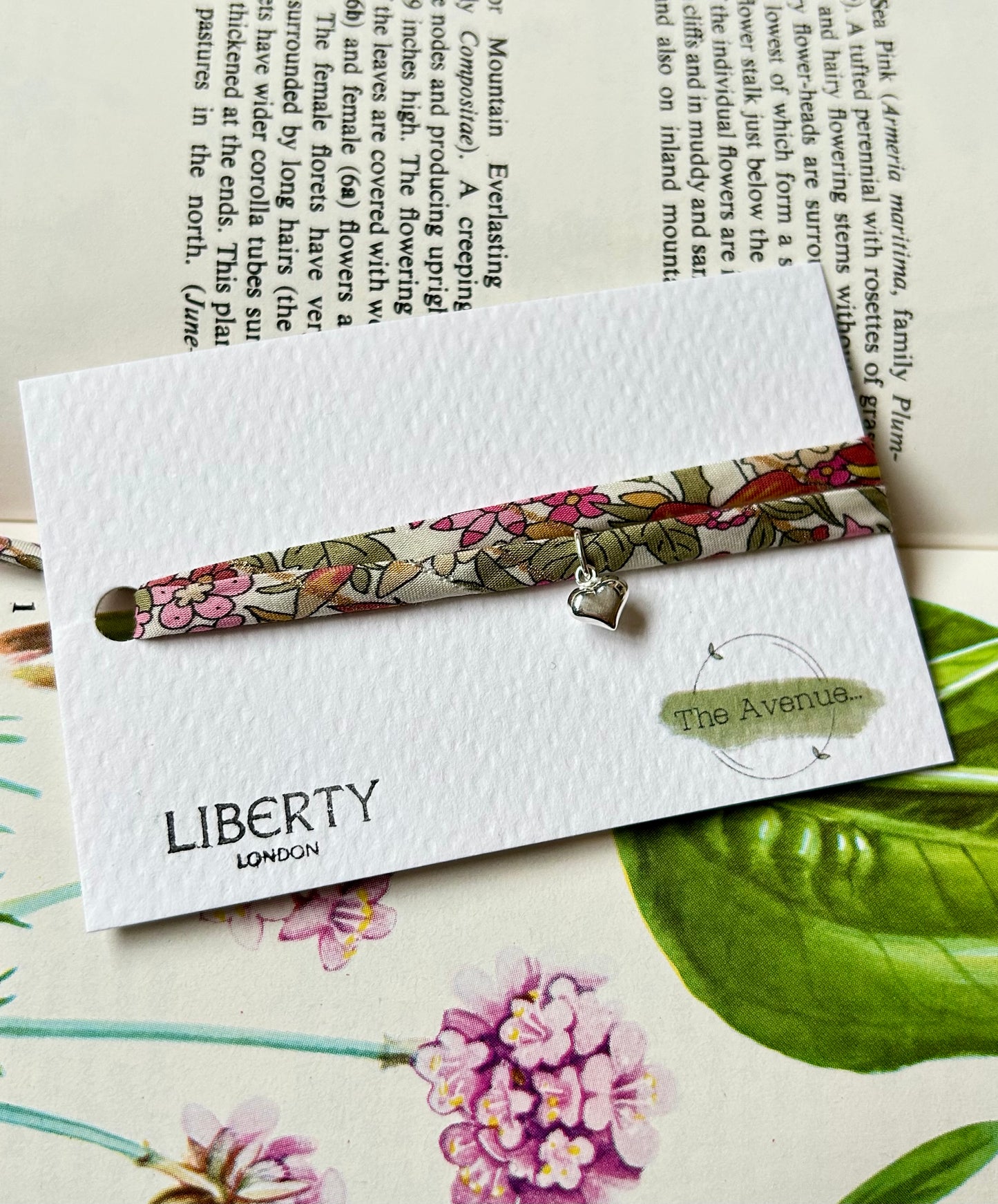 Liberty of London Margaret Annie Raspberry Gold Fabric Bracelet – Sterling Silver solid heart charm