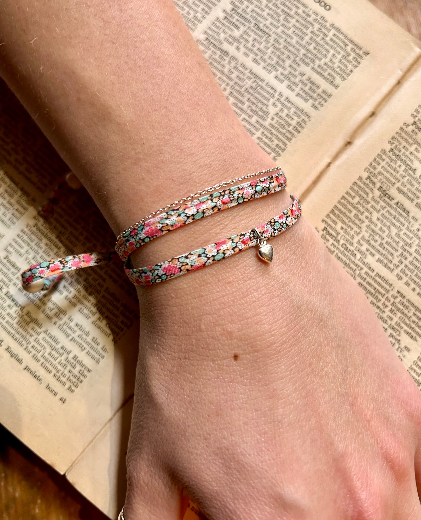 Fabric bracelet…Liberty of London pretty pastel (solid heart) pepper coral