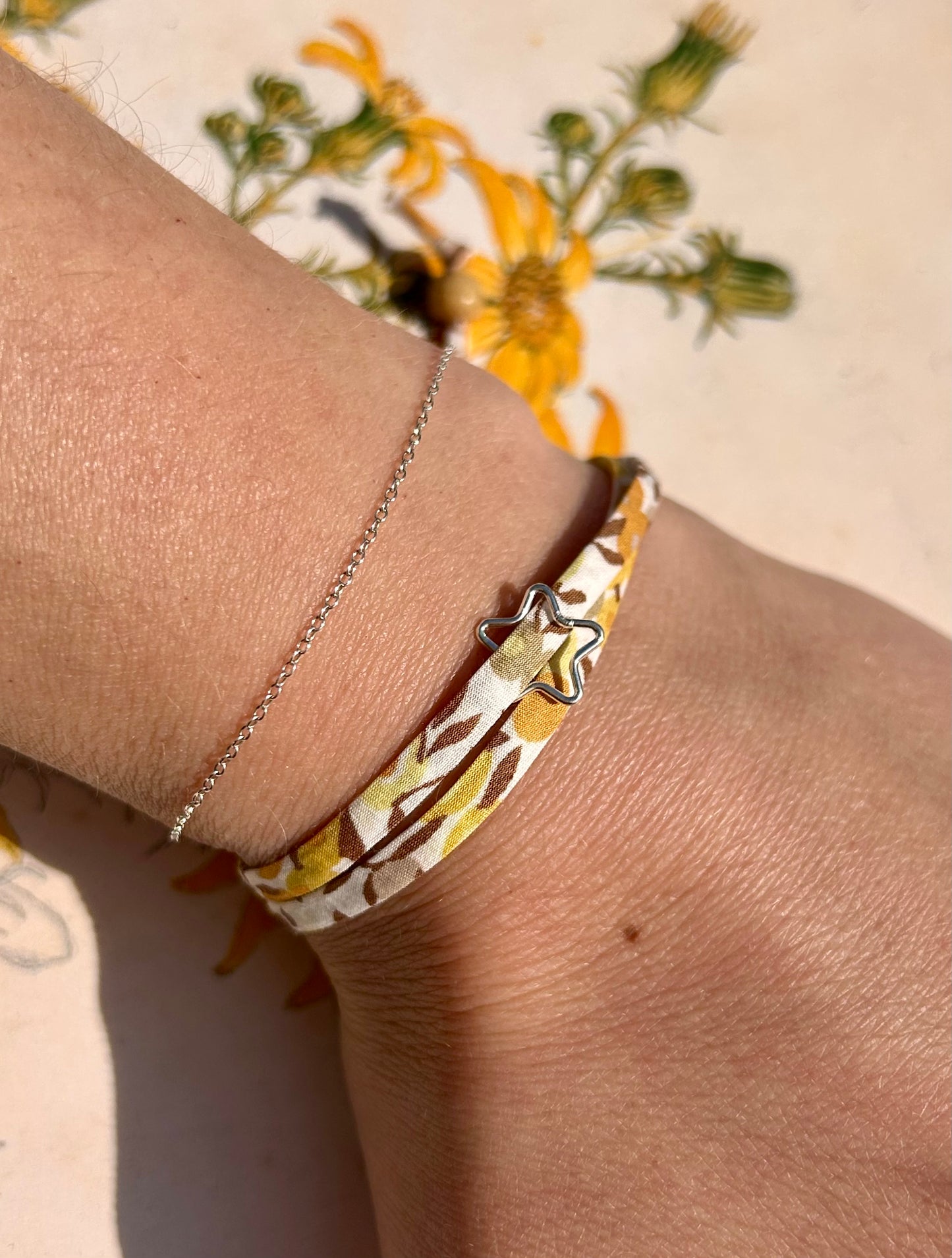 Fabric bracelet…Liberty of London Sunflower yellow (open star)