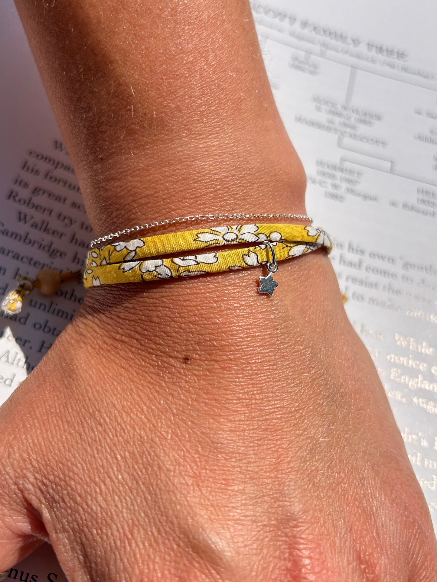 Fabric bracelet…Liberty of London yellow floral (solid heart) Capel Safran