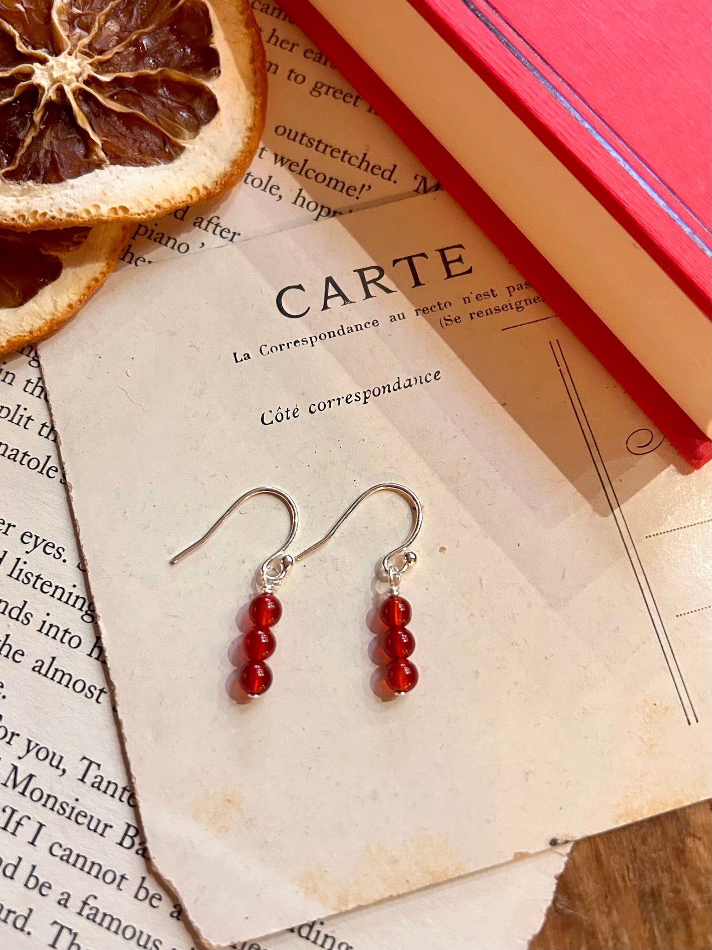 Red beaded sterling silver drop earrings