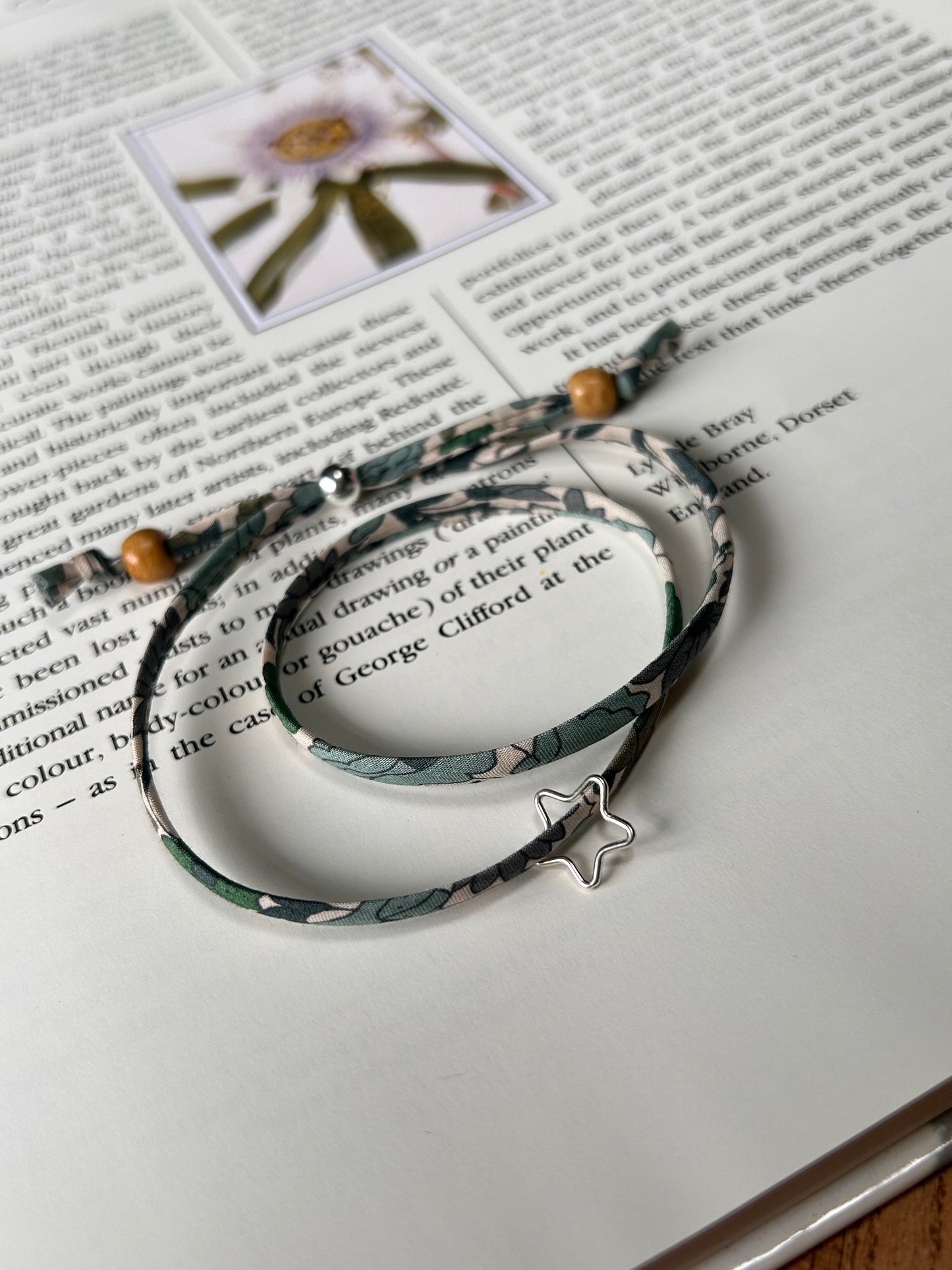 Fabric bracelet…Liberty of London Green Poppy and Daisy (open star)