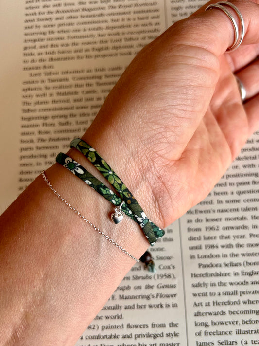 Fabric bracelet…Liberty of London (solid heart) Ciara green floral.