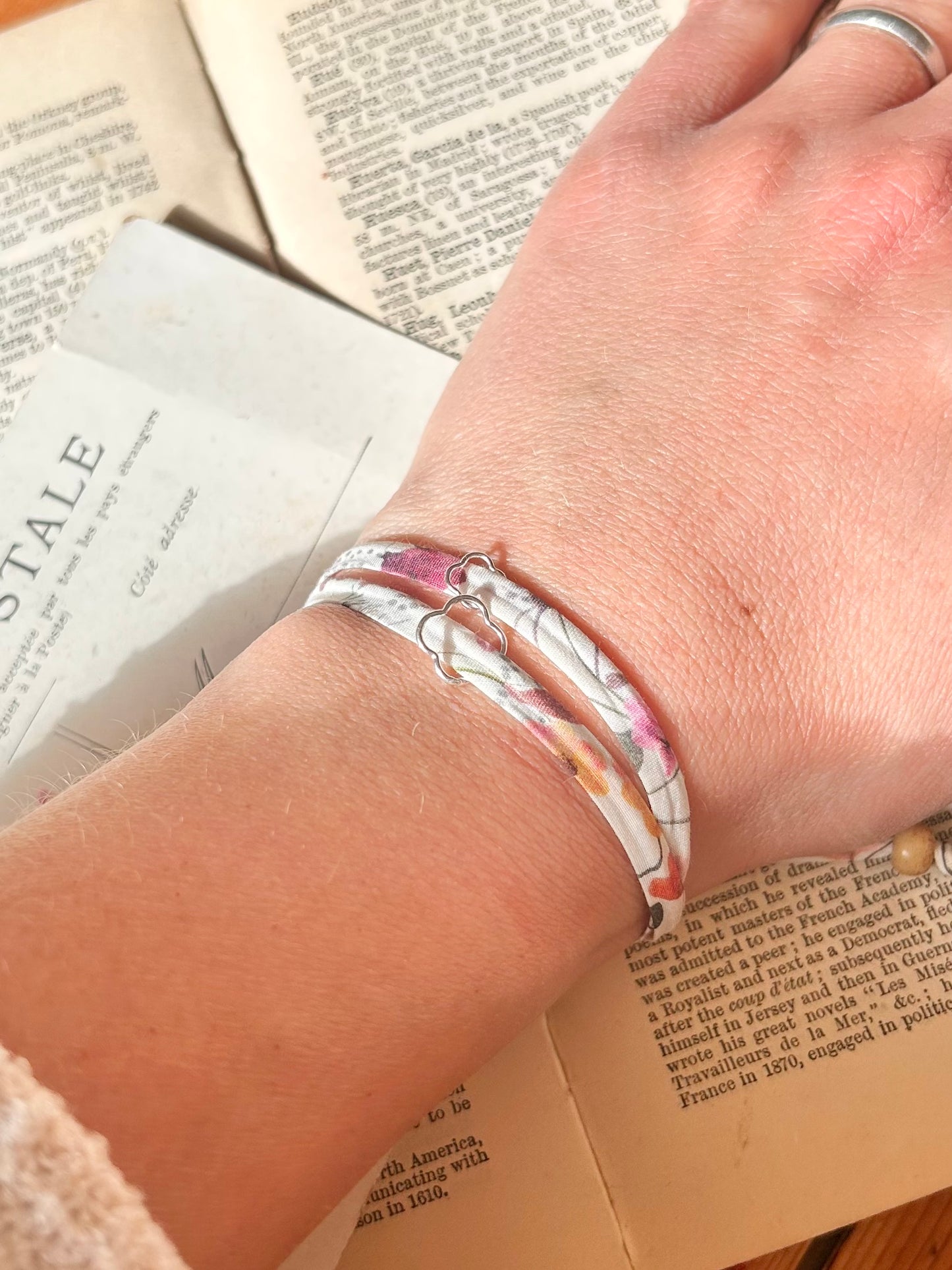 Liberty Aurora Fabric Bracelet – Sterling Silver Flower Charms 🌼🌸