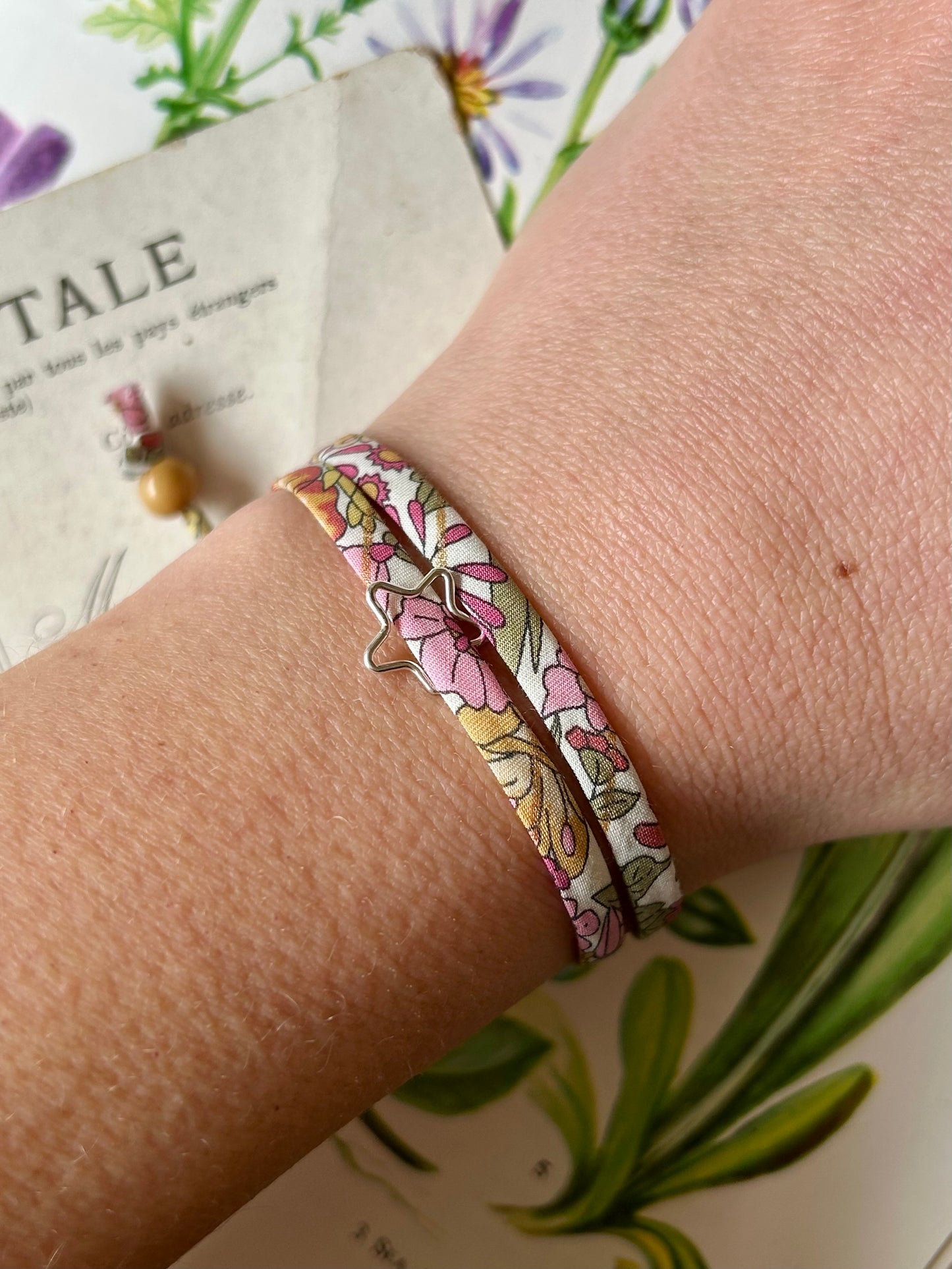 Liberty of London Margaret Annie Raspberry Gold Fabric Bracelet – Sterling Silver solid star charm