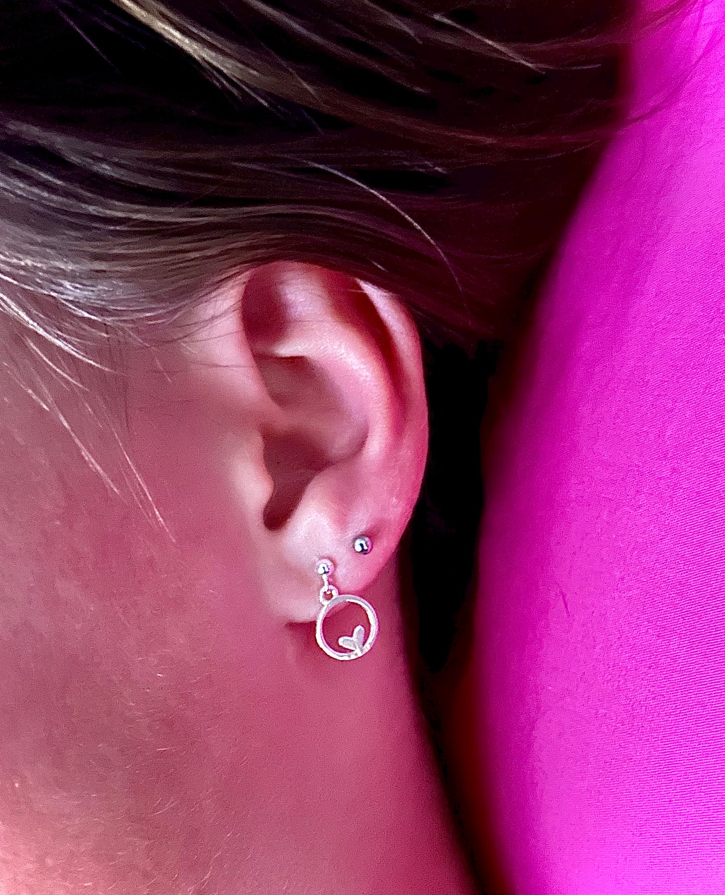 Heart in circle dangly stud earrings