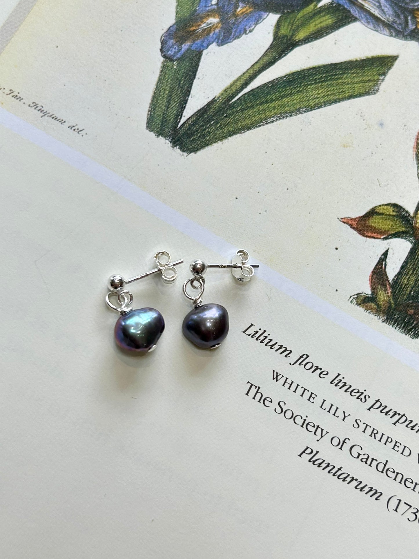 Freshwater pearl dangle stud earrings - peacock blue pearl