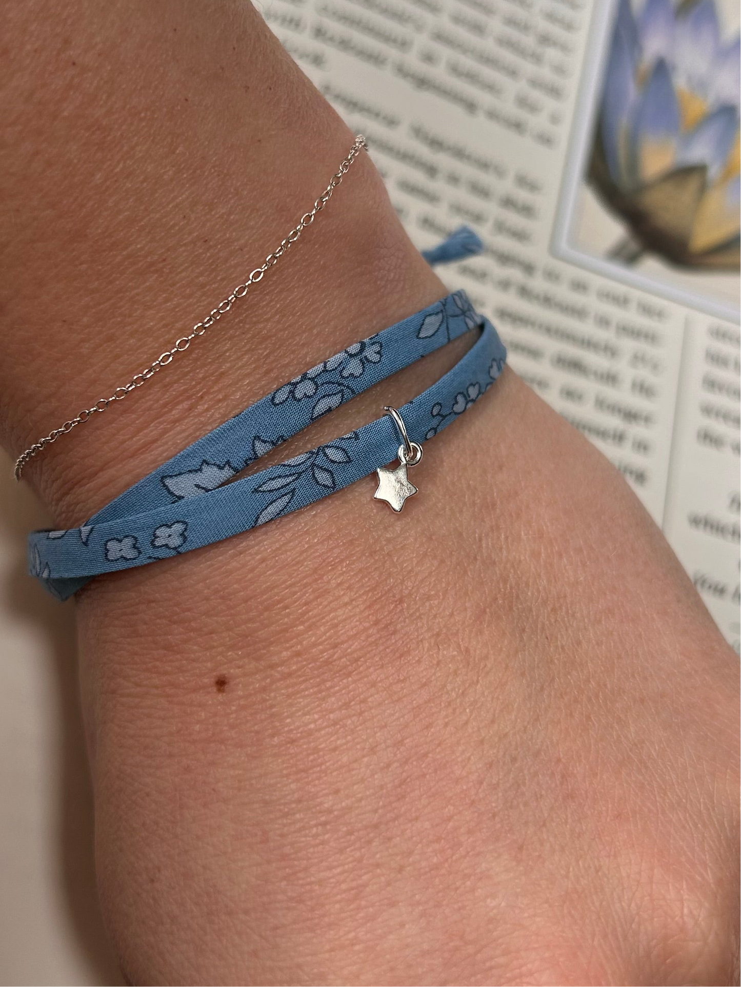 Fabric bracelet…Liberty of London blue floral (solid star) capel blue