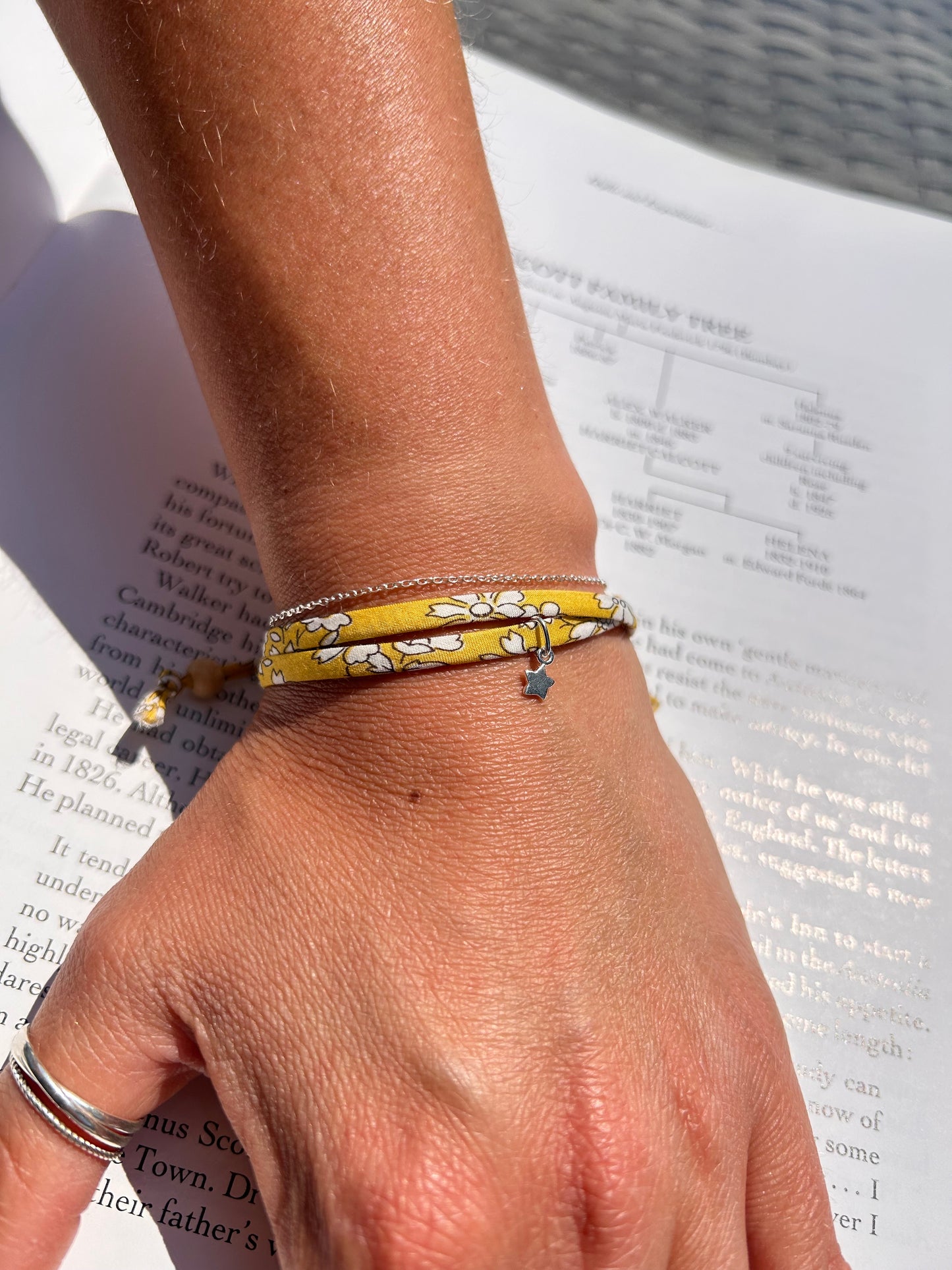Fabric bracelet…Liberty of London yellow floral (solid heart) Capel Safran
