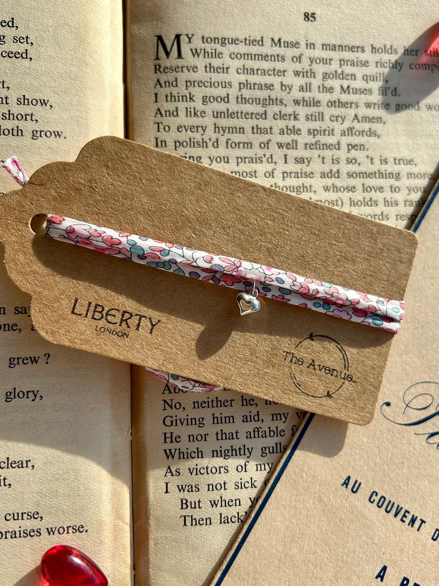 Fabric bracelet - Liberty of London Eloise Fabric - Solid heart charm valentines
