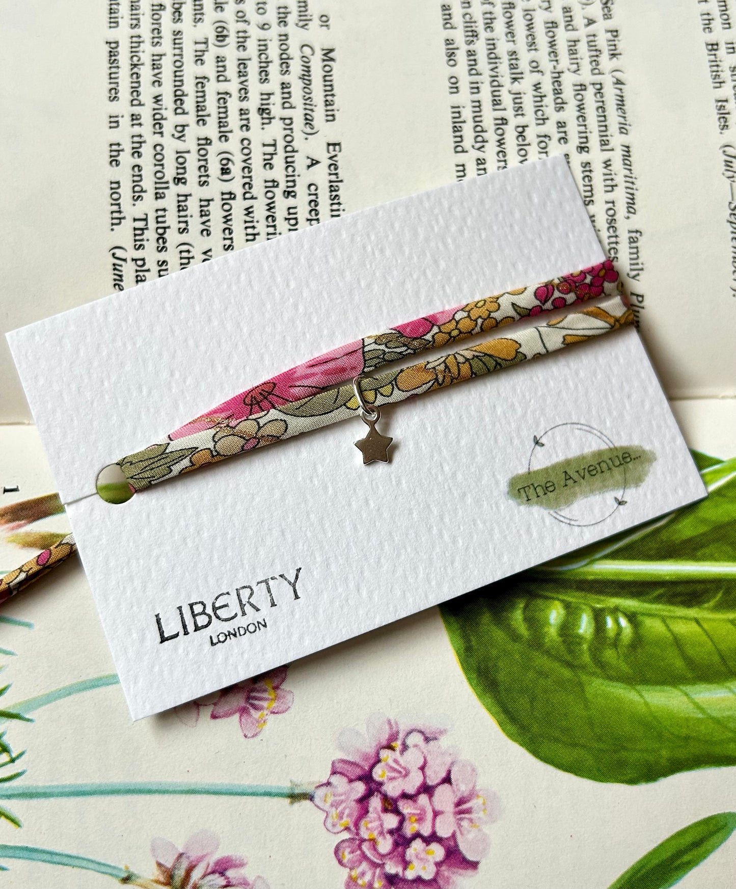 Liberty of London Margaret Annie Raspberry Gold Fabric Bracelet – Sterling Silver solid star charm