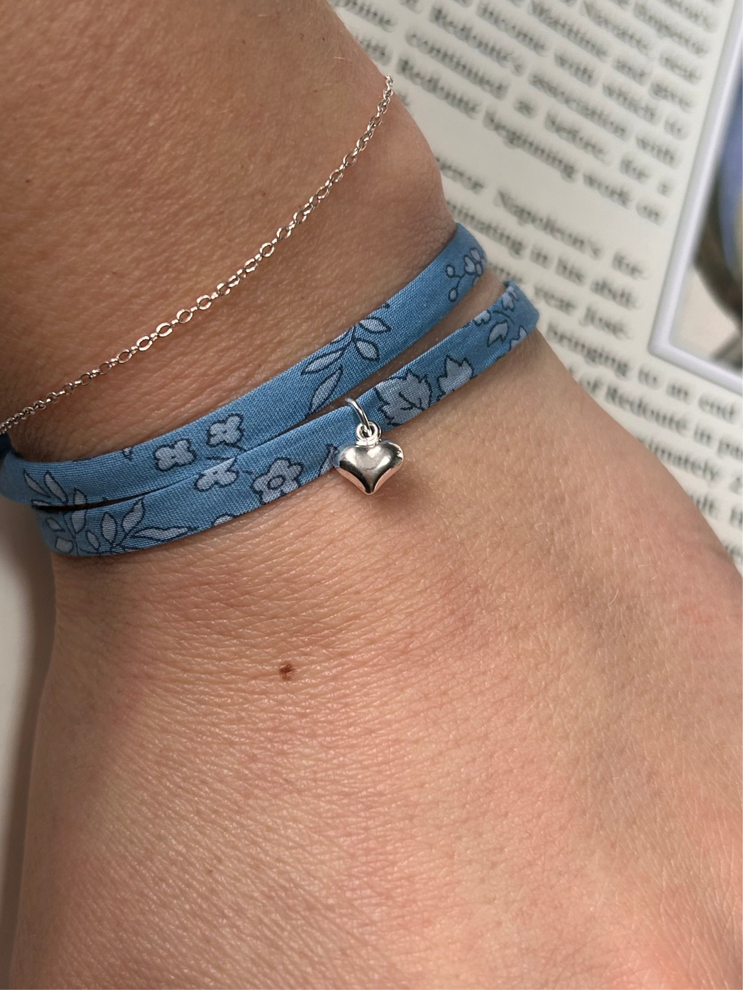 Fabric bracelet…Liberty of London blue floral (solid heart) capel blue